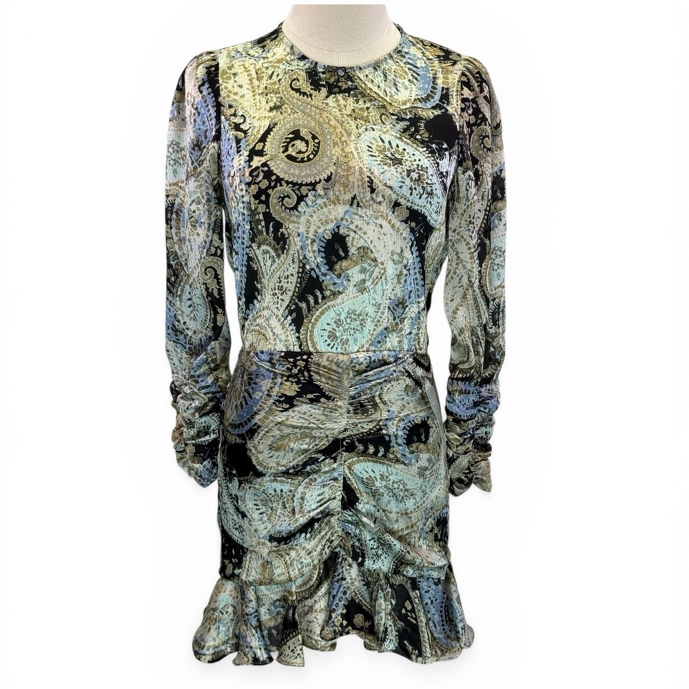 Zara Paisley Print Women's Ruched Ruffle Cocktail Mini Boho Party Dress Size S